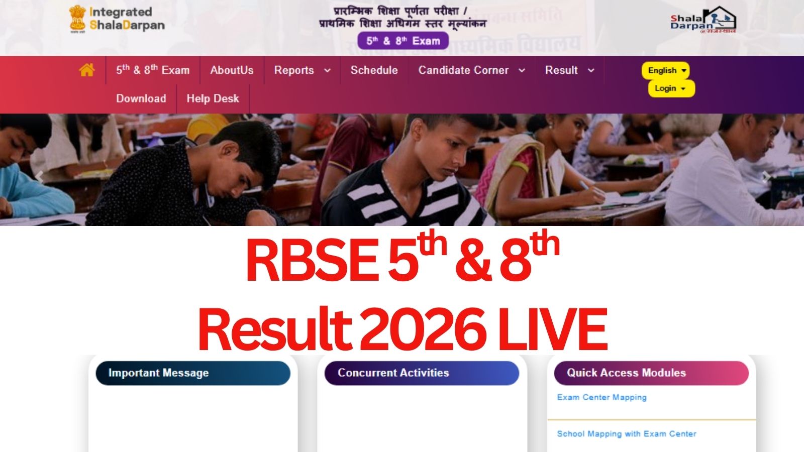 RBSE Shala Darpan Class 5th, 8th Result 2026 Live Updates: Over 12 lakh candidates will obtain result-scorecards today afternoon
