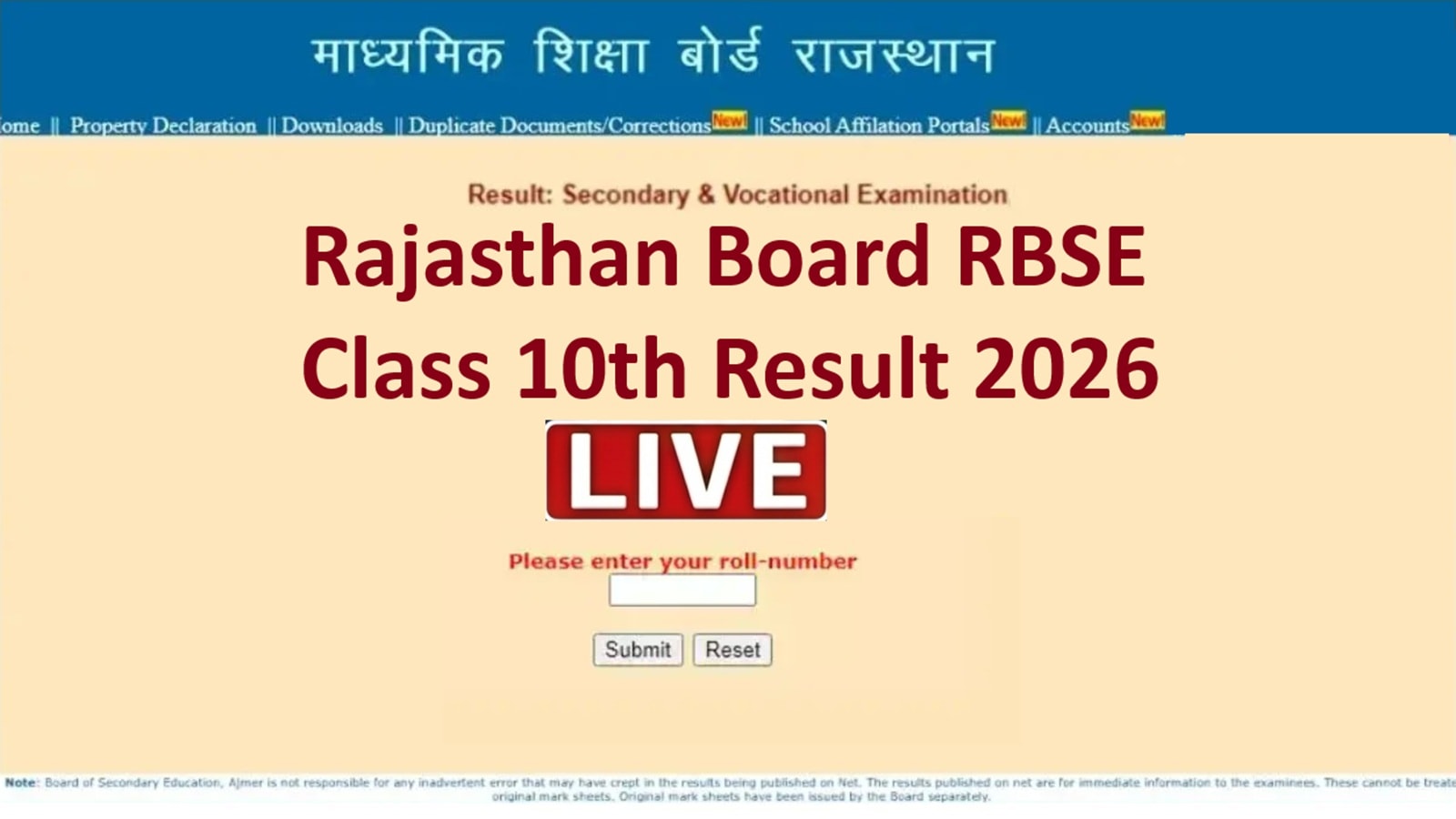 Rajeduboard.rajasthan.gov.in, RBSE Rajasthan Board Class 10th Result 2026 LIVE Updates: Result link active, alternative websites to check result