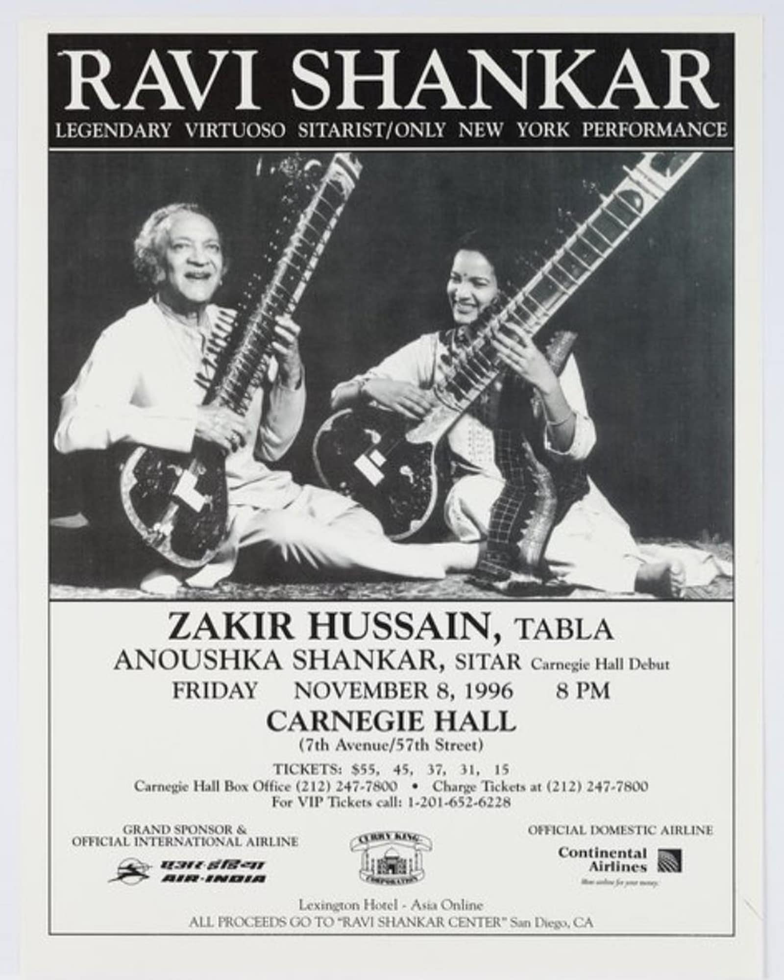A 1996 poster for Pt Ravi Shankar and Anoushka Shankar's performance at the Carnegie Hall