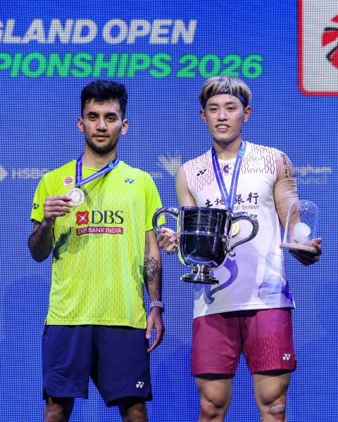 Runner-up Lakshya Sen and Champion Lin Chun Yi of the All England Open 2026. (CREDIT: Badminton Photo)