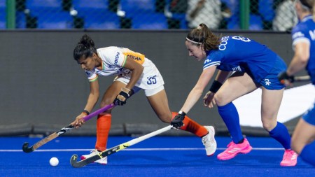 Rutuja Dadaso Pisal (L) in action against Scotland during FIH World Cup qualifiers. (Credit: Hockey India)