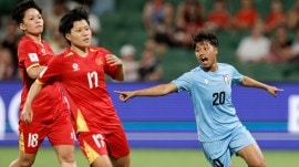India's Sanfida Nongrum celebrates after scoring her team's first goal during the Women's Asia Cup match vs Vietnam in Perth. (PHOTO: AP)