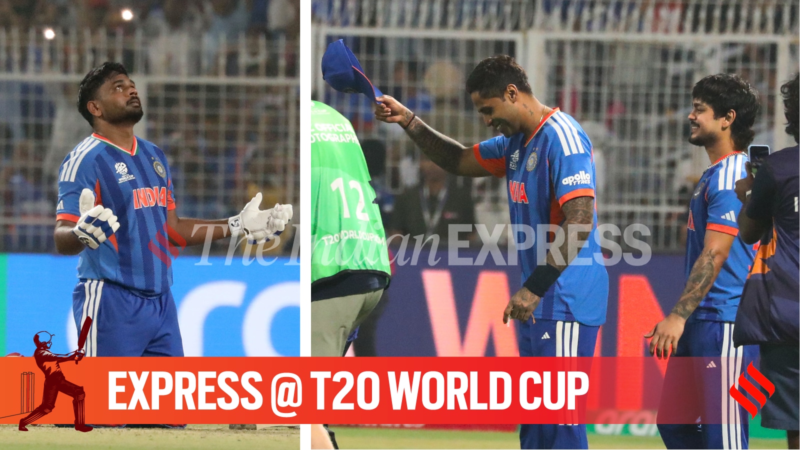 India skipper Suryakumar Yadav and Ishan Kishan congratulating Sanju Samson's after his blistering knock. (Express photo by Partha Paul)
