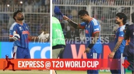 India skipper Suryakumar Yadav and Ishan Kishan congratulating Sanju Samson's after his blistering knock. (Express photo by Partha Paul)