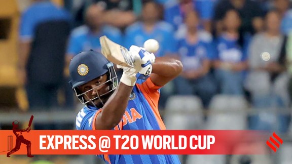 India's Sanju Samson smashed a 42-ball 89 in the T20 World Cup semi-final against England on Thursday at the Wankhede Stadium in Mumbai. (Express photo by Narendra Vaskar)