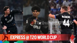 New Zealand spinners Mitch Santner, Rachin Ravindra and Cole McConchie in action during T20 World Cup 2026 vs South Africa. (CREDIT: AP & Express photo by Partha Paul)