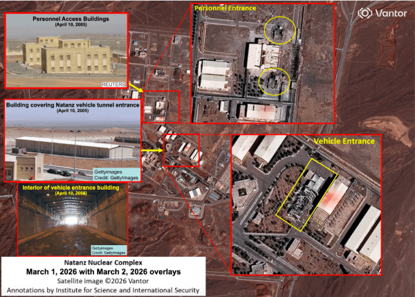 High resolution imagery taken on March 2 shows the damaged personnel and vehicle entrancebuildings and ground photos of what they looked like before the attack. (Vantor via ISIS)