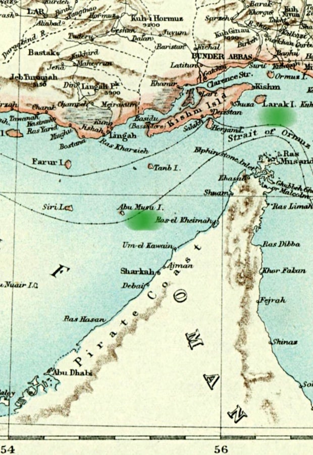 An old map showing Larak on top right and Abu Musa near the centre. (Wikimedia Commons)