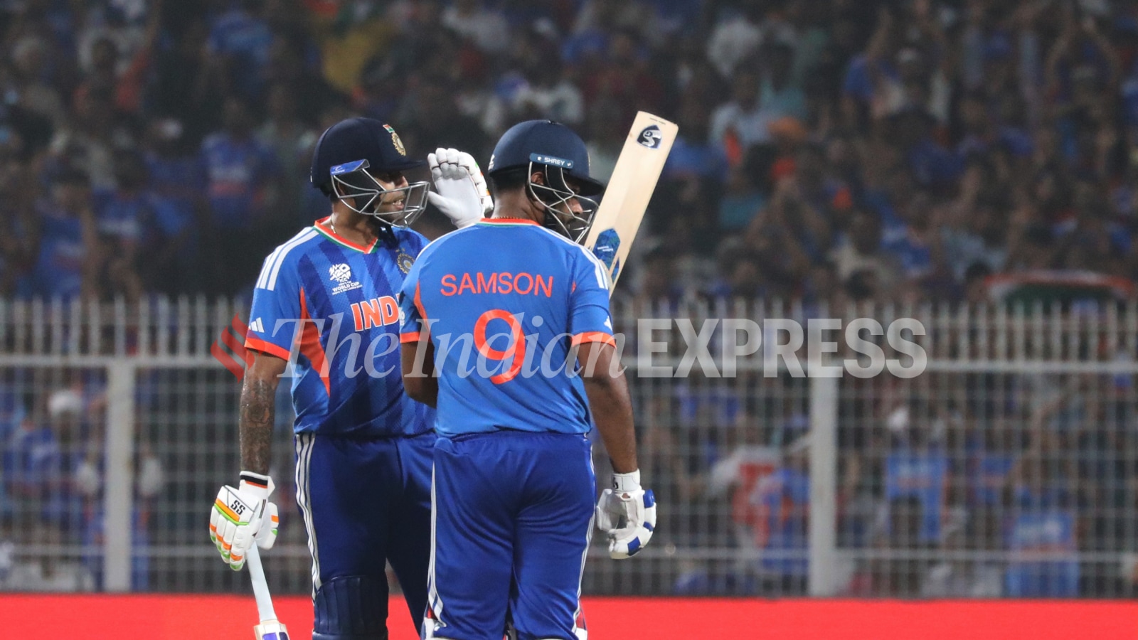 Sanju Samson's 97-run knock helped India record their highest successful run chase in T20 World Cup. (Express photo by Partha Paul)