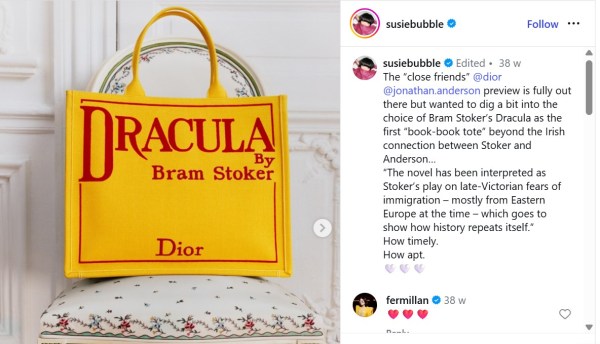 Dior's bright yellow dracula tote bag with the first edition of the iconic novel pronted on it in a screenshot of a critic's comment 