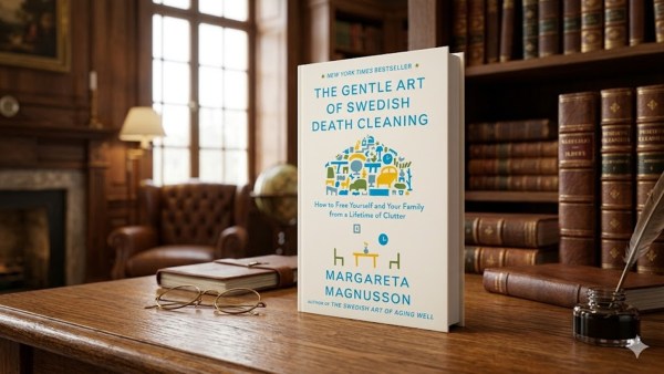 Margareta Magnusson's debut novel, The Gentle Art of Swedish Death Cleaning sits in a library in an AI generated image 