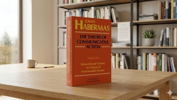 Jürgen Habermas’ book The Theory of Communicative Action sits on an AI generated wooden table with a bookshelf, a teacup, pen and window in the background 