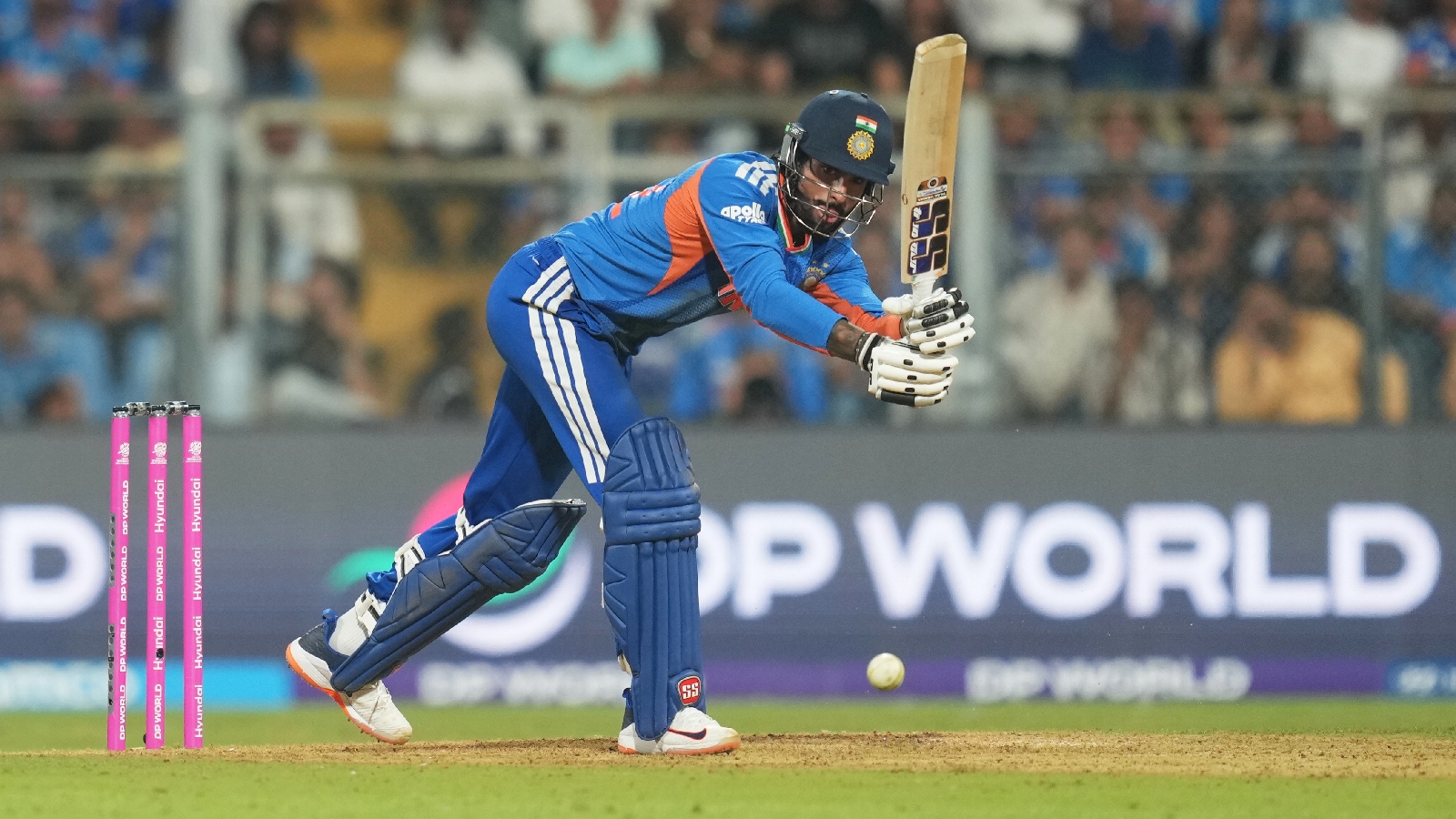 India's Tilak Varma plays a shot during the T20 World Cup cricket semi-final match between India and England in Mumbai, India, Thursday, March 5, 2026. (AP Photo/Rafiq Maqbool)
