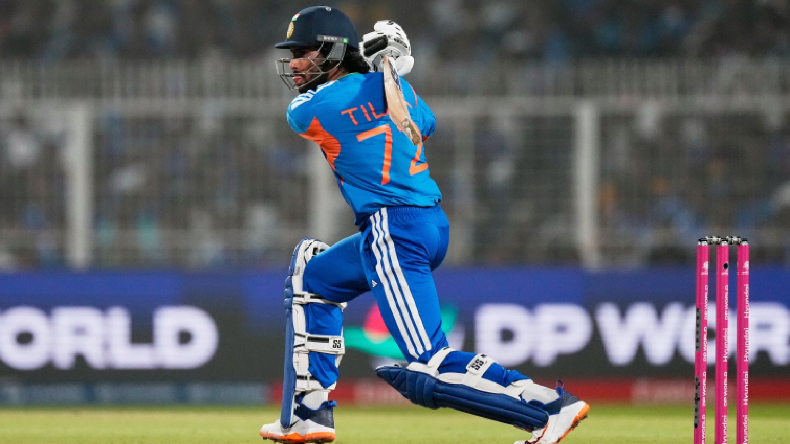 India's Tilak Varma plays a shot during the T20 World Cup cricket match between India and West Indies in Kolkata, India, Sunday, March 1, 2026. (AP Photo/Bikas Das)