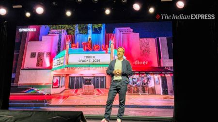 Spencer Rascoff, Match Group and Tinder CEO, speaks during Tinder’s product launch event highlighting the company’s new AI-driven features. (Image: Anuj Bhatia/The Indian Express)