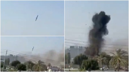 The missile, which appears to be a US-launched Tomahawk, striking the Tehran school (X@Easybakeovensz | Trevor Ball of Bellingcat)