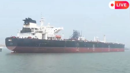 Liberia-flagged tanker ship 'Shenlong' enters Indian waters near Mumbai Port.