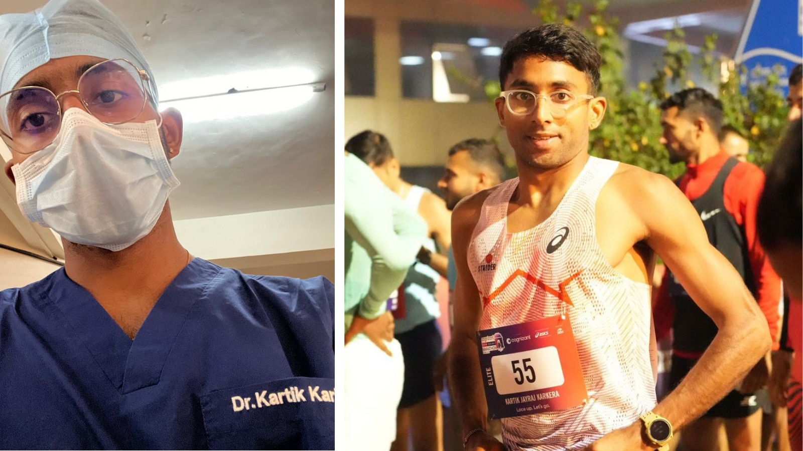 Marathon runner, Dr Kartik Karkera in doctor scrubs and in running gear. (PHOTO: Special Arrangement)