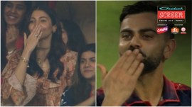 Anushka Sharma and Virat Kohli's adorable couple goals shine during the IPL 2026 opener, from laughing at Virat's rare misfield to sharing sweet flying kisses after RCB's victory.