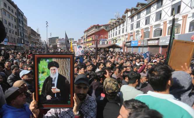 People in Srinagar mourn the killing of Iranian Supreme Leader Ayatollah Ali Khamenei on Sunday, March 1. 