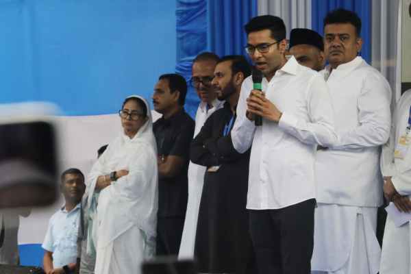 National General Secretary TMC Avishek Banerjee and Mamata Banerjee at  Red Road after Eid prayer. (Express Photo by Partha Paul)