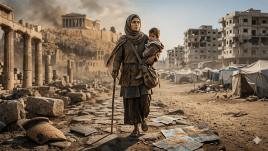 A woman with a child in her arms walks through a war-torn landscape. (Generated using AI)