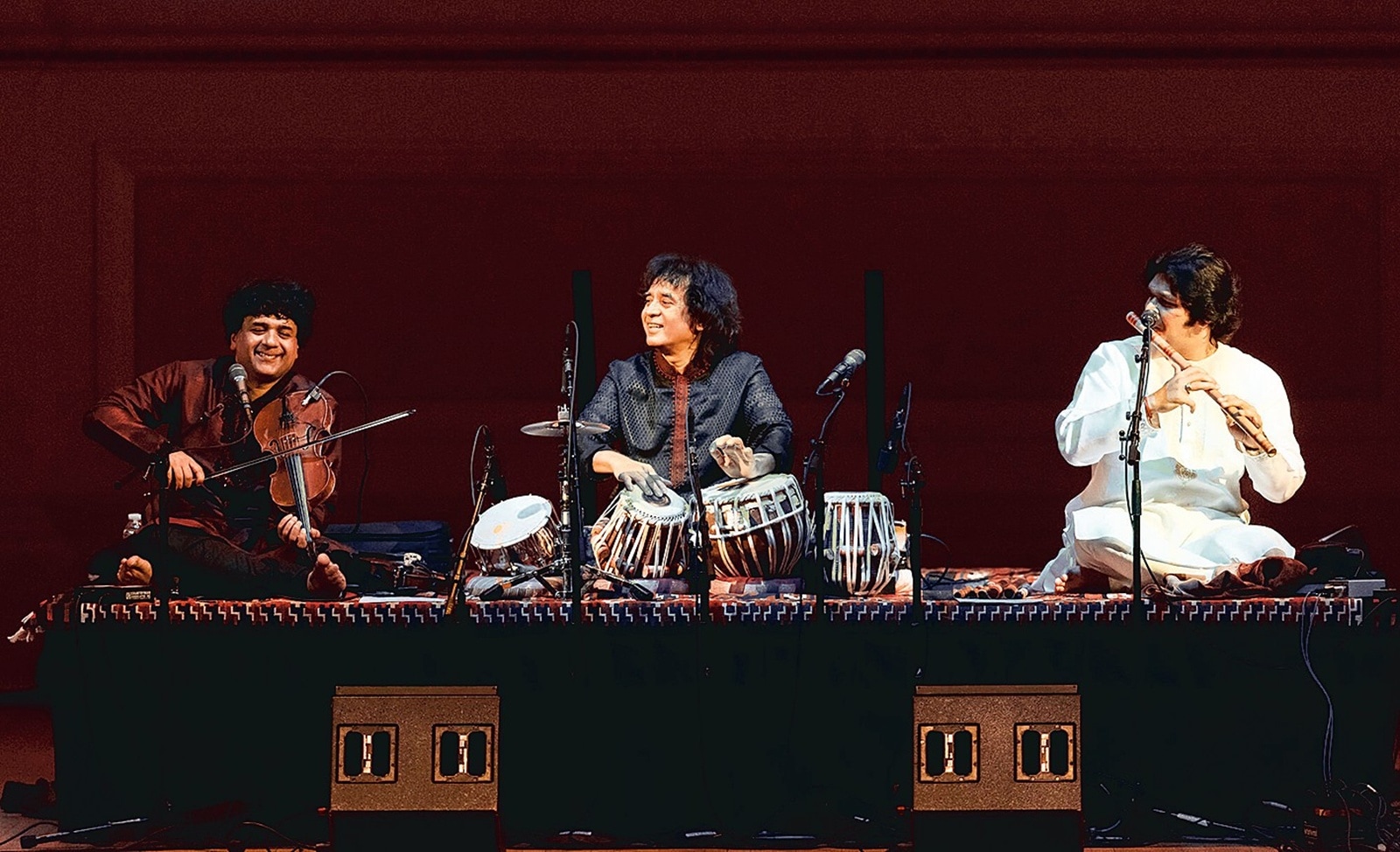 (From left) Ganesh Rajagopalan, Ut Zakir Hussain and Rakesh Chaurasia at Carnegie Hall (Carnegie Hall)
