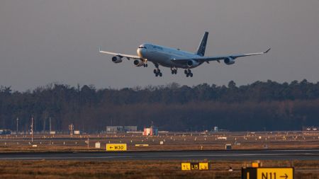 A Lufthansa plane from Muscat, Oman, the first evacuation flight on behalf of the German government, lands at Frankfurt Airport (AP Photo)