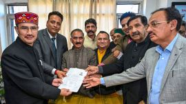 Shimla: Congress candidate Anand Sharma, second from left, files his nomination for the Rajya Sabha polls in the presence of Himachal Pradesh Chief Minister Sukhvinder Singh Sukhu and other leaders, in Shimla, Thursday, March 5, 2026. (PTI Photo)(PTI03_05_2026_000265B)