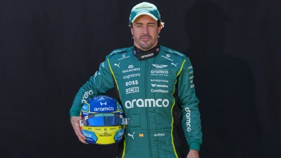 Aston Martin driver Fernando Alonso of Spain poses for a portrait ahead of the Australian Formula One Grand Prix at Albert Park, in Melbourne, Australia, Thursday, March 5, 2026. (AP Photo)