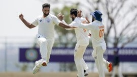 Jammu and Kashmir pace sensation Auqib Nabi in action during Ranji Trophy final against Karnataka in Hubballi. (PHOTO: PTI)