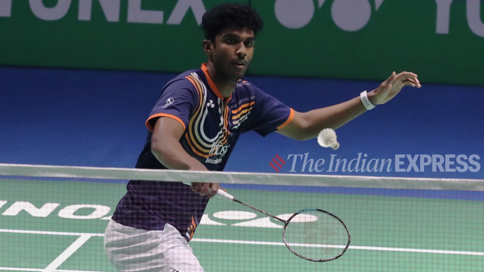Ayush Shetty plays a shot against Lakshya Sen during a Badminton Match at Yonex Sunrise India Open 2026, at IGI Stadium on Tuesday, January 13, 2026. (Express photo by Abhinav Saha)