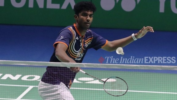 Ayush Shetty plays a shot against Lakshya Sen during a Badminton Match at Yonex Sunrise India Open 2026, at IGI Stadium on Tuesday, January 13, 2026. (Express photo by Abhinav Saha)