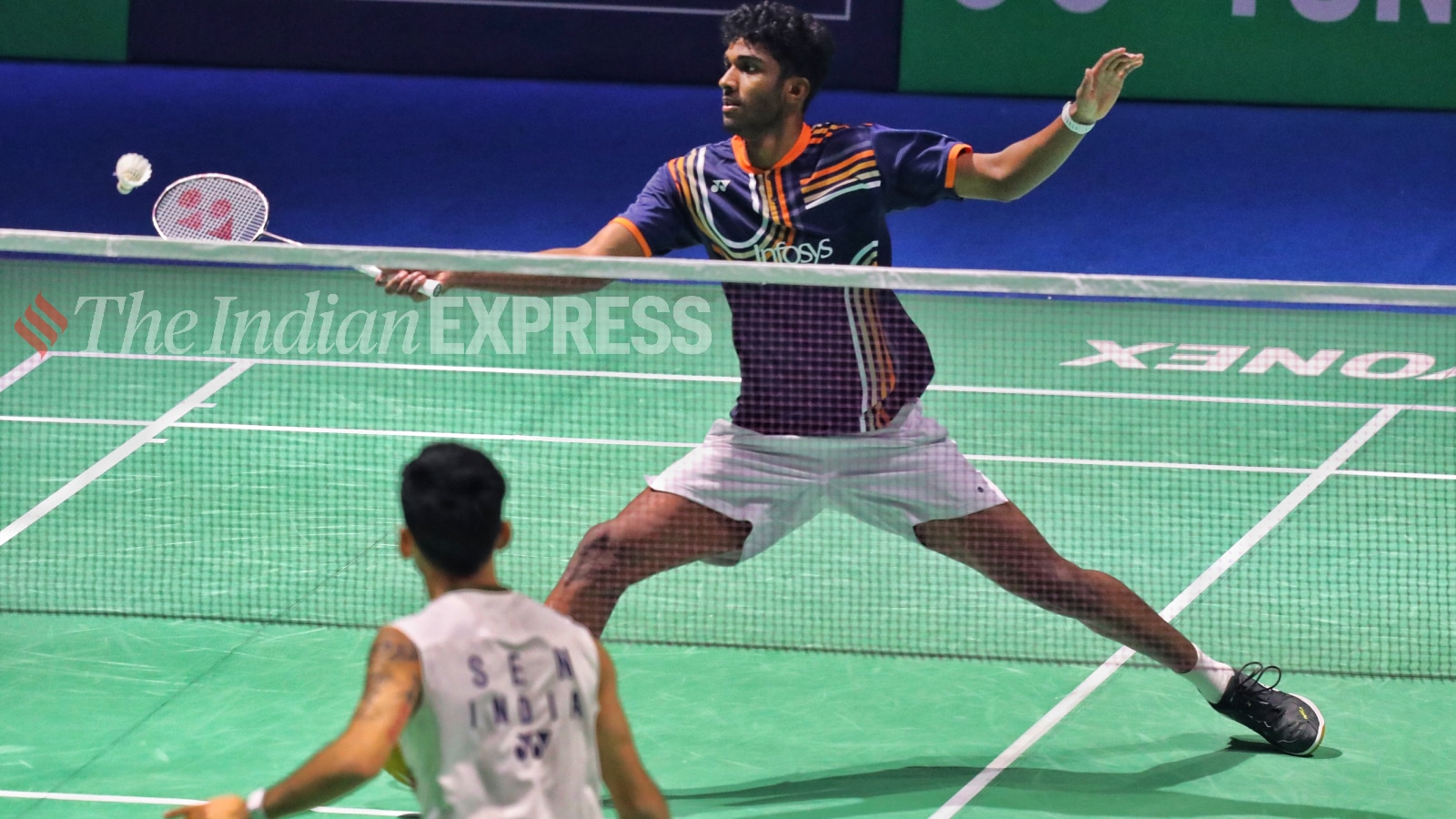 Ayush Shetty plays a shot against Lakshya Sen during a Badminton Match at Yonex Sunrise India Open 2026, at IGI Stadium on Tuesday, January 13, 2026. (Express photo by Abhinav Saha)