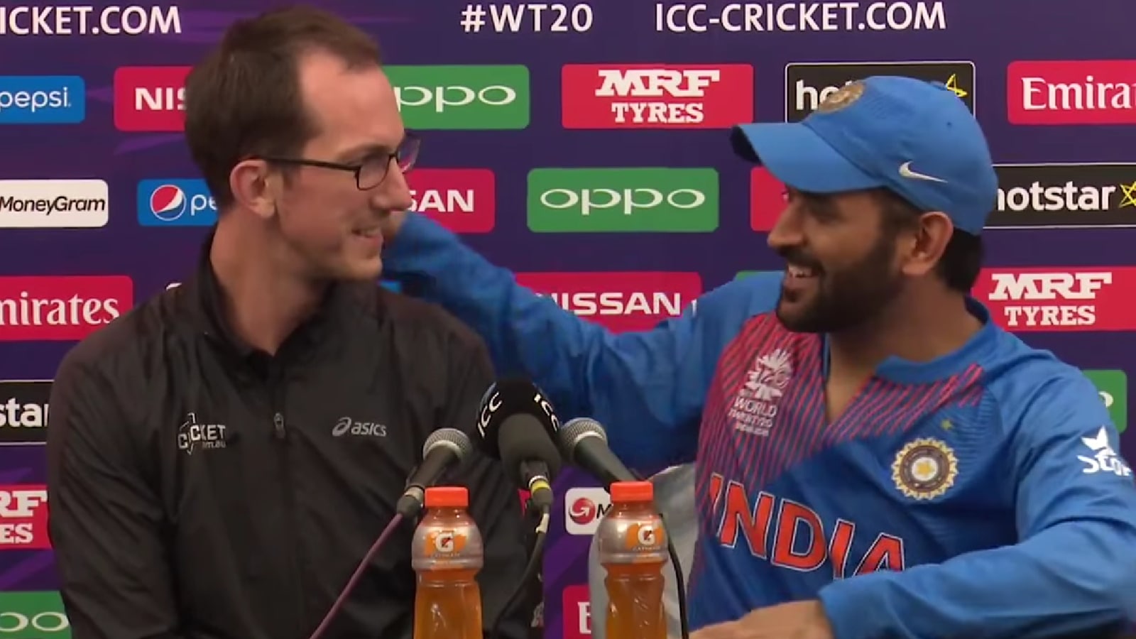 The room burst into laughter, but beneath the humour was a clear message. Dhoni was not ready to step away simply because speculation had grown louder after another ICC event exit. (Cricket.com.au screensot)