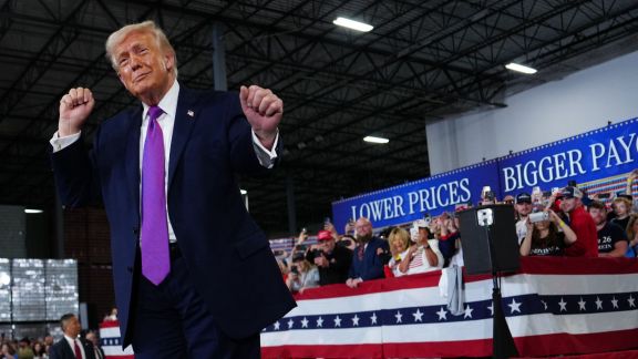 President Donald Trump dances after speaking at Verst Logistics Wednesday, March 11, 2026, in Hebron, Ky. (AP Photo/Julia Demaree Nikhinson)