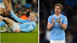 Ever since Kevin de Bruyne l(R) eft Manchester City, Erling Haaland’s main supply line appears to have shrunk. (AP/Reuters Photo)