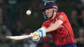 England's captain Harry Brook hits a six during the T20 World Cup cricket match between England and Pakistan in Pallekele, Sri Lanka, Tuesday, Feb. 24, 2026. (AP Photo)