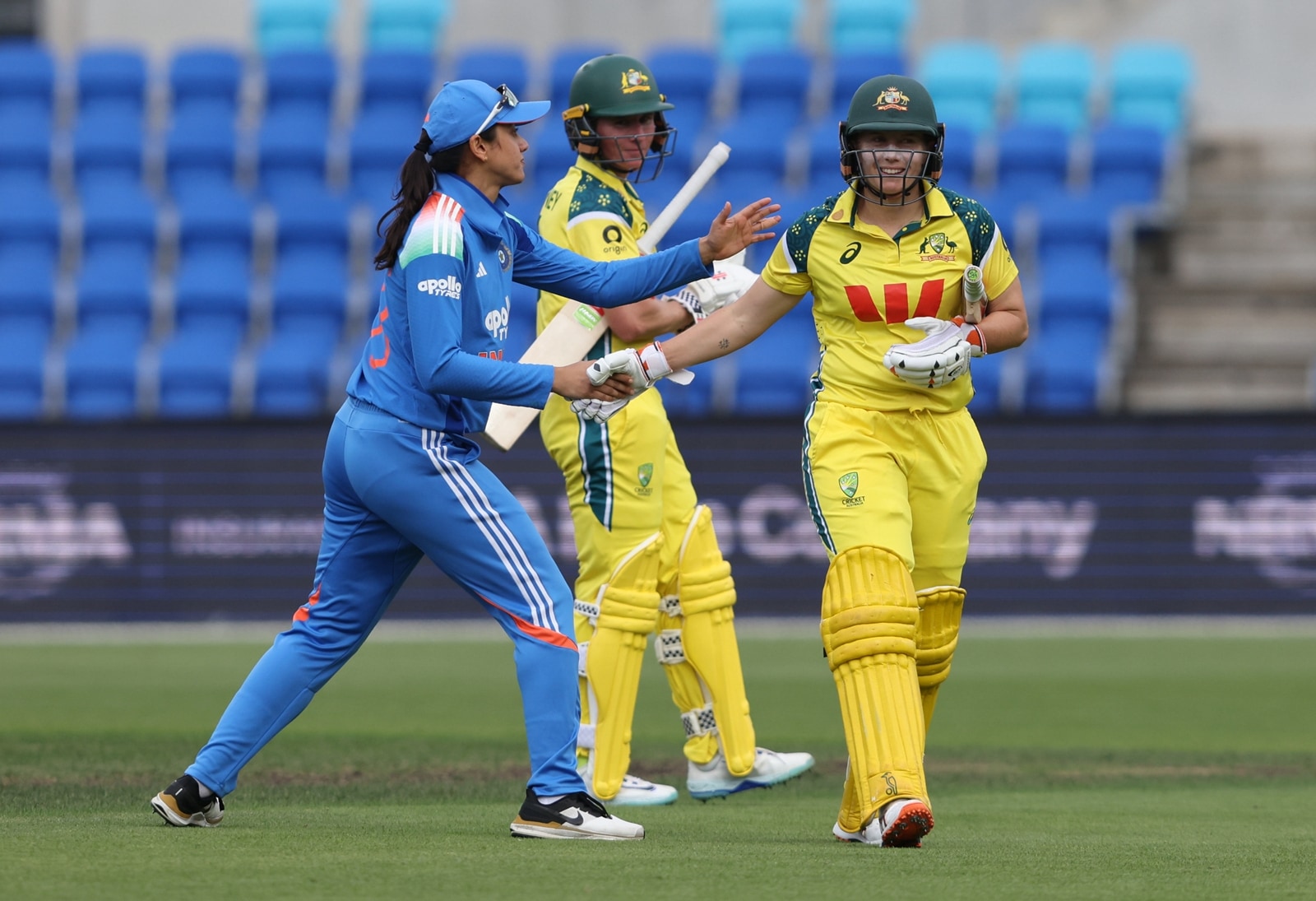 Smriti Mandhana shakes hands with Alyssa Healy after she is dismissed on 158 in her final ODI. (BCCI Photo)