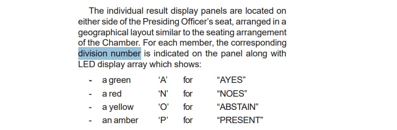 Parliament document on the automated voting system based on the division number of MPs.