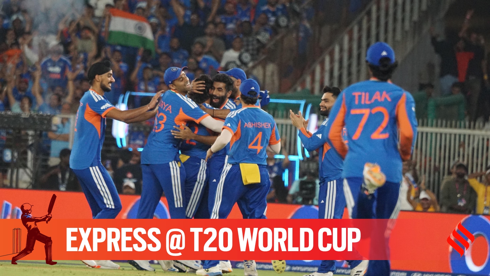 Indian cricket team players celebrate a catch against New Zealand in the T20 World Cup final at the Narendra Modi Stadium. (Express photo by Bhupendra Rana) 