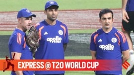 L-R: India assistant coach Ryan Ten Doeschate, captain Suryakumar Yadav and head coach Guatam Gambhir in action during practice session ahead of T20 World Cup 2026 match vs West Indies in Kolkata. (Express photo by Partha Paul)