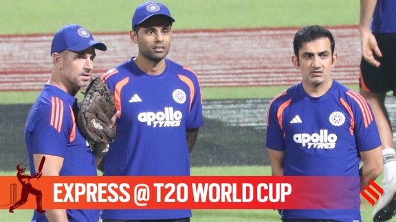 L-R: India assistant coach Ryan Ten Doeschate, captain Suryakumar Yadav and head coach Guatam Gambhir in action during practice session ahead of T20 World Cup 2026 match vs West Indies in Kolkata. (Express photo by Partha Paul)