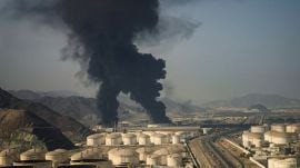 Plumes of smoke rise from an oil facility in Fujairah, United Arab Emirates