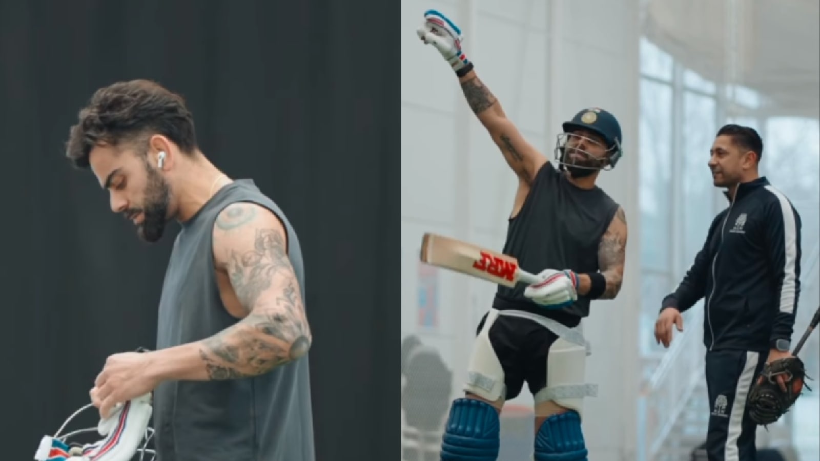  Virat Kohli can be seen unfurling his trademark shots at an indoor facility while in discussion with Gujarat Titans’ assistant coach Naeem Amin. (Instagram)