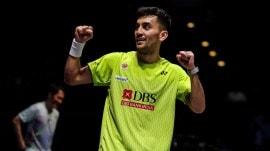 At least 65 percent of Lakshya Sen's points in the opening set came from pushes, smashes, drops, loopy lifts and tosses to Shifeng's far forehand as he took the opening set 21-13. (Badminton Photo)