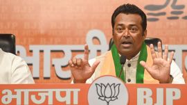 New Delhi, Mar 31 (ANI): Former ace tennis star Leander Paes speaks as he joins the BJP during a party joining program at BJP headquarters, in New Delhi on Tuesday. (ANI Photo/Sumit)