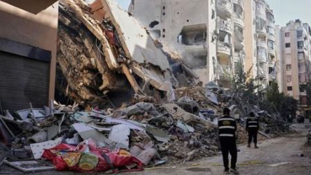 a building destroyed by an Israeli airstrike in Dahiyeh, Beirut's southern suburbs, Lebanon
