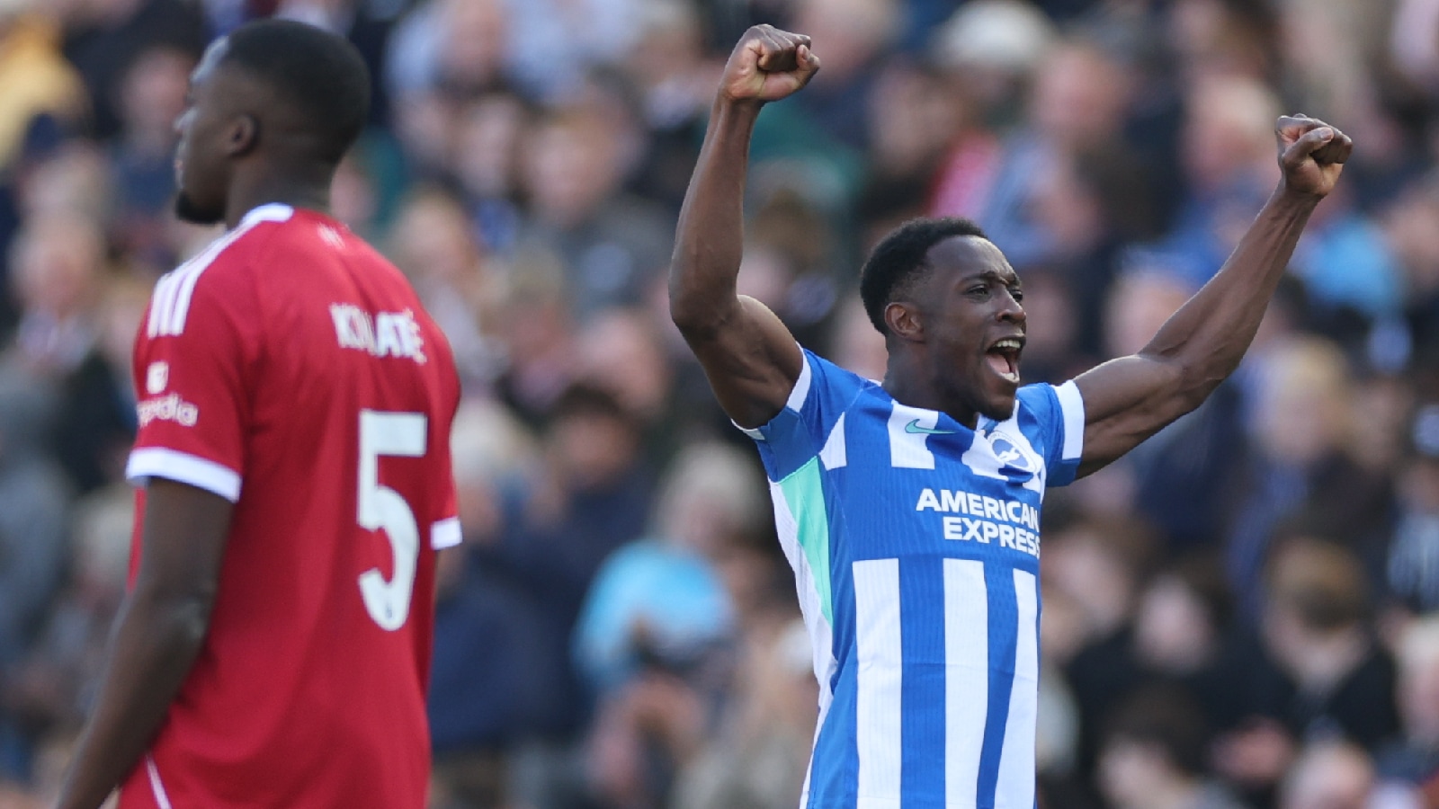 Brighton's Danny Welbeck celebrates after scoring during the English Premier League soccer match between Brighton and Liverpool in Brighton, Saturday, March 21, 2026. (AP Photo)