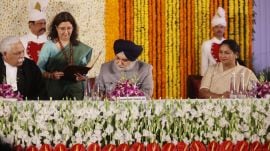 Taranjit Singh Sandhu takes oath as the 23rd LG of Delhi in the presence of Delhi Chief Minister Rekha Gupta and High Court Chief Justice Devendra Kumar Upadhyay in New Delhi on Wednesday. Express Photo by Tashi Tobgyal